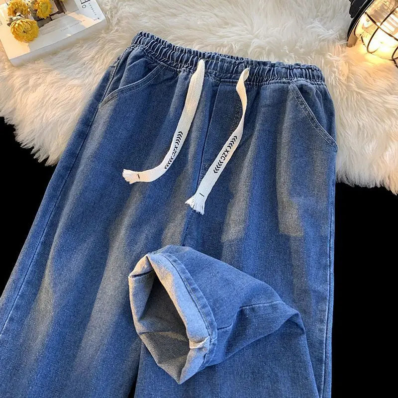 Casual  Jeans With Pockets Summer Vintage  Wide Leg Pant Drawstring Loose Trousers