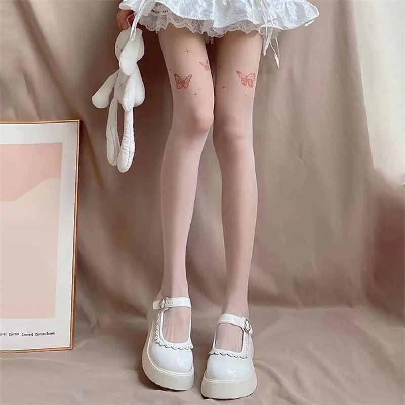 Floral Lace High Waist Tights Sheer Pantyhose  Stockings with Bow Detail and Back Seam