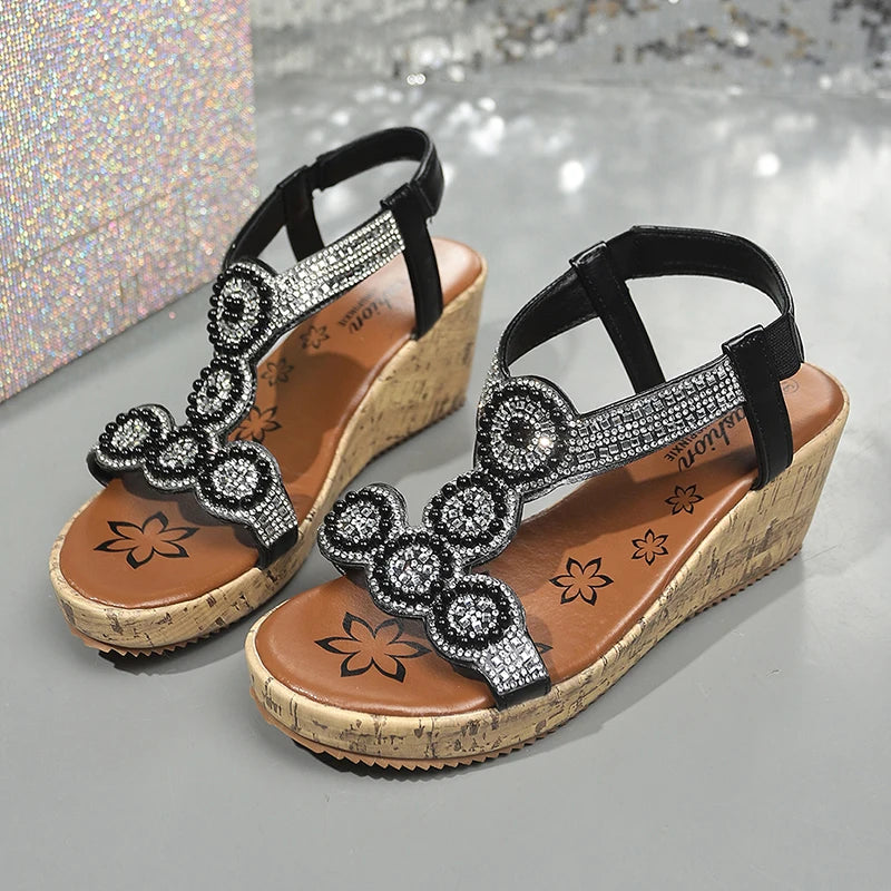 Rhinestone Wedge Heel Sandals for Women Summer Platform Bohemian Sandals Woman Thick Bottom Elastic Band Gladiator Shoes