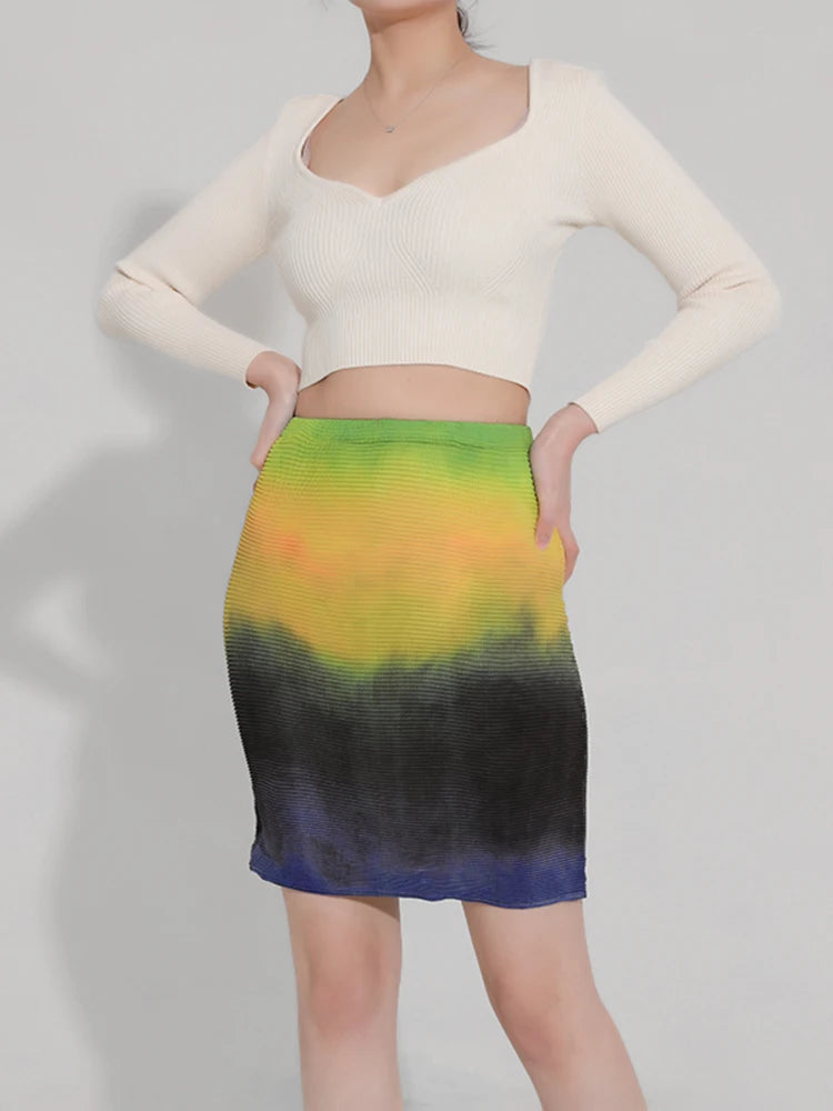 Color Block Pleated Short Skirt