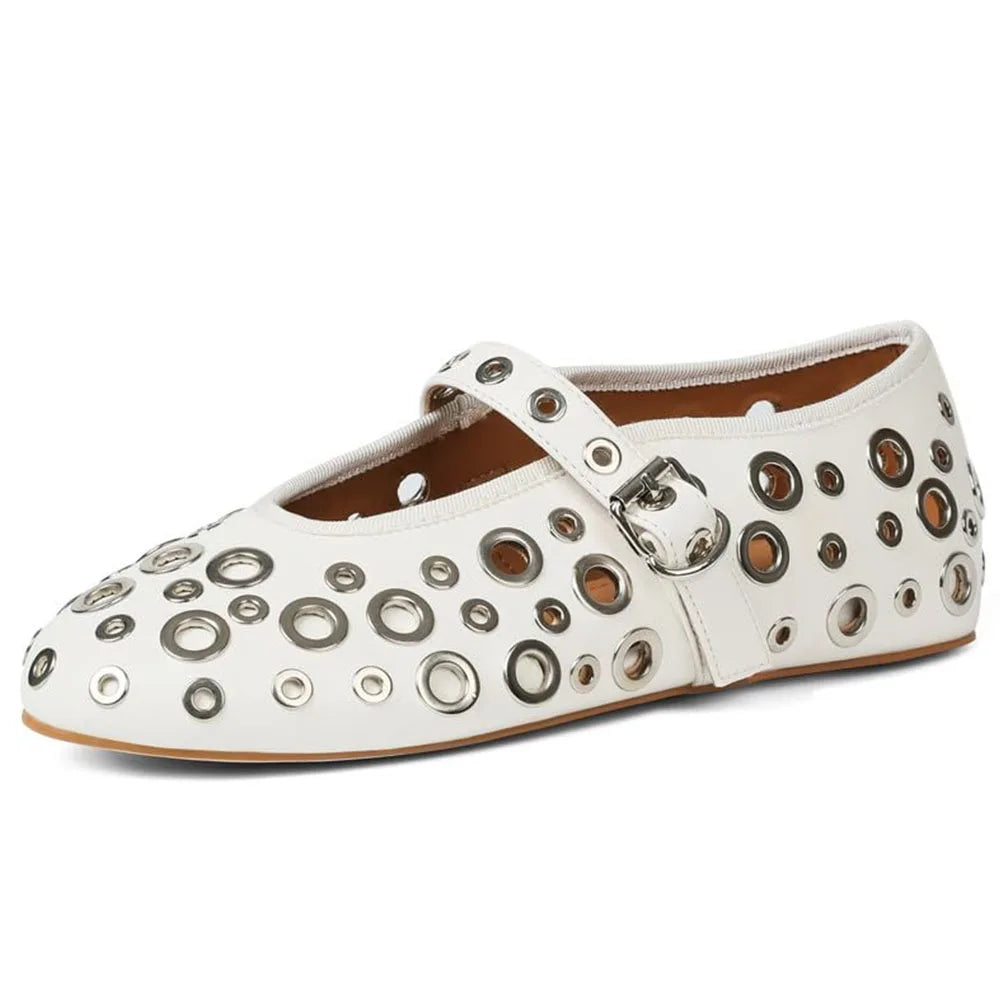 Ballet Flats with Buckle Strap Mesh Perforated Metal Studded Mary Jane