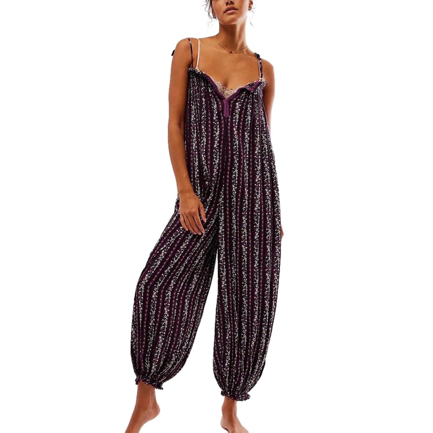 Women Summer Cami Jumpsuits Retro Floral Print Tie-Up Spaghetti Strap Sleeveless Long Rompers Fashion Loose