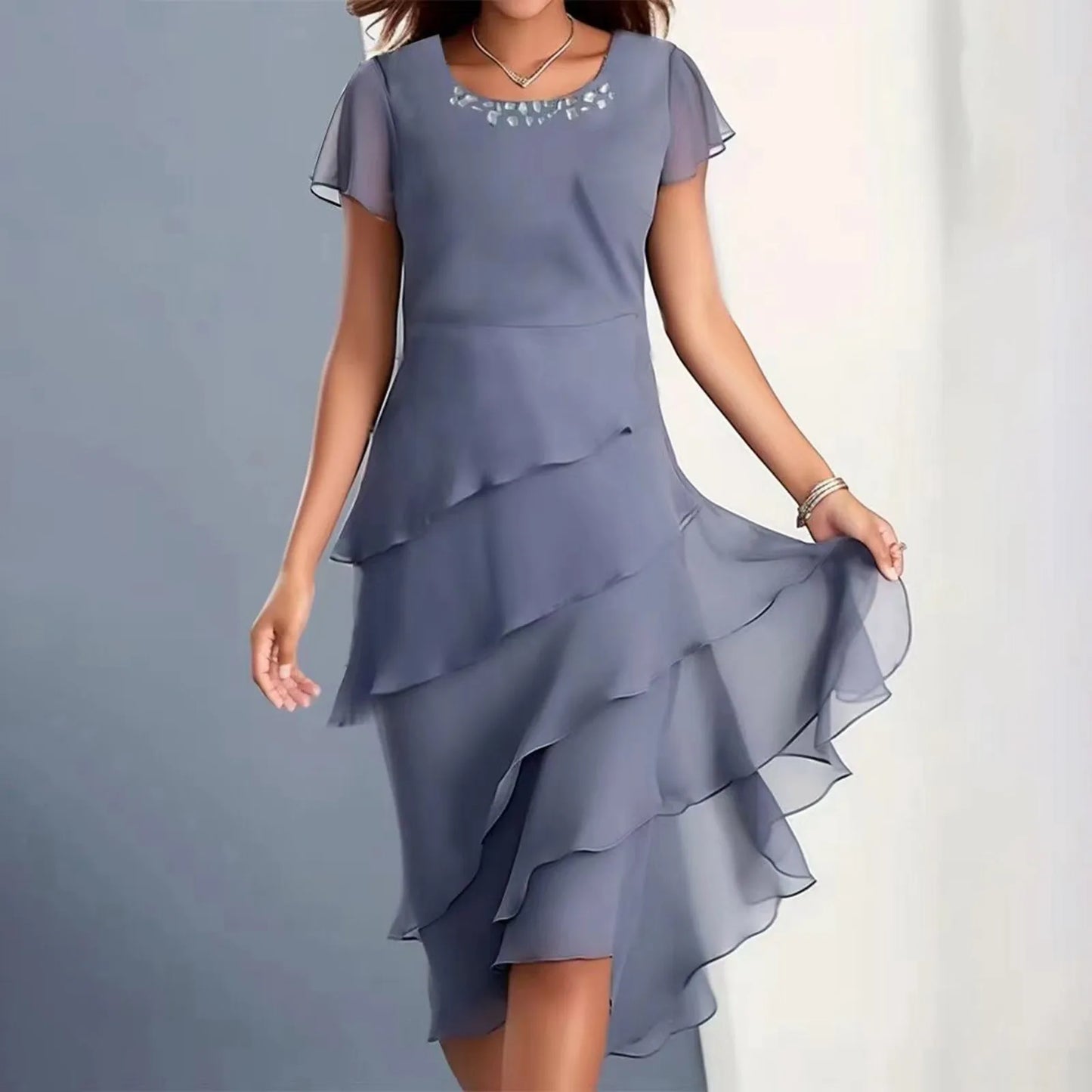 Women's Summer Elegant Solid Color Ruffles Pleated Party Dress Fashion Diamonds Patchwork O-neck Swing Hem Evening Prom Dress