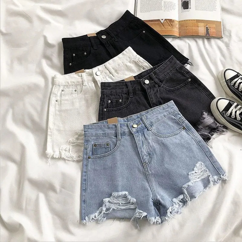 Denim Shorts Women's Summer Fashion Casual High Waist Ripped Jeans Pocket Tassel Streetwear