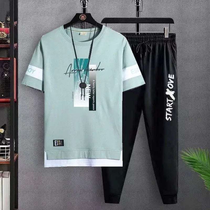 Men's Fashion Casual Set Versatile Youth Round Neck Slim Fit Short sleeved T-shirt+Fashion Sports Pants Two Piece Set for Men