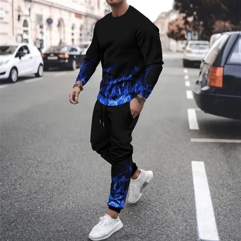 Men's 3D printed sweatshirt set Colorful Flame cap sweatshirt Sweatshirt sweatpants crew neck sportswear