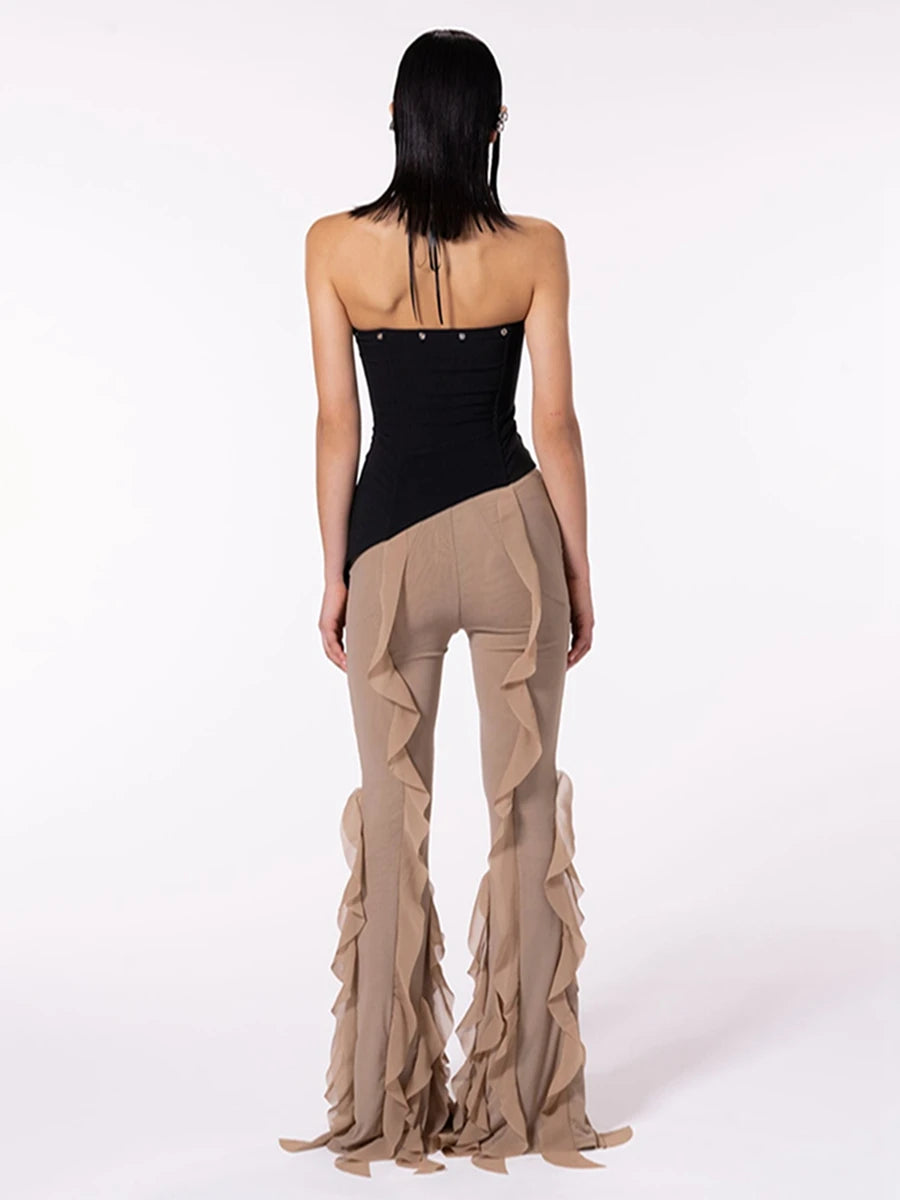 Women s Solid Color Low Rise Stretch Bell-Bottom Trousers with Ruffled Flare Design Stylish Streetwear Pants for a Trendy Look
