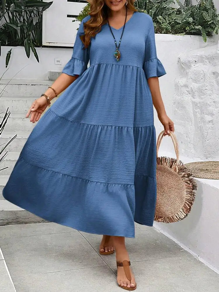 Spring and Summer  Large V-neck Splicing Multi color Multi plus size Long Style Large Swing Dress