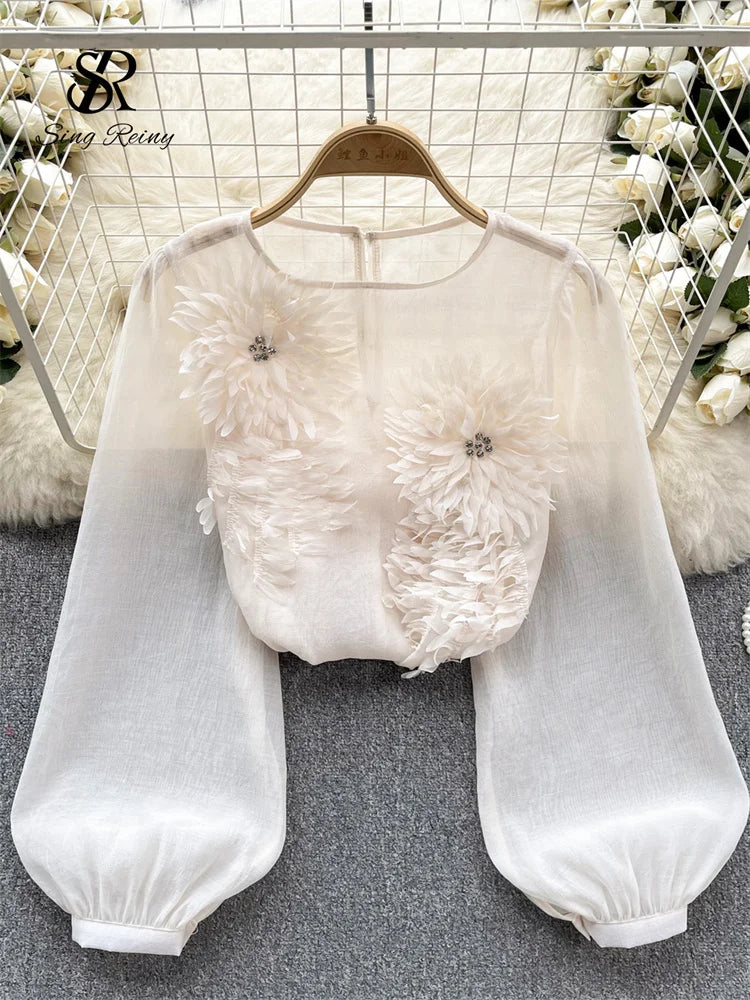 Spring Loose Satin Blouse O Neck Long Sleeves Sheer Bohemian Top