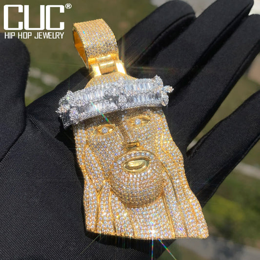 Baguette Zircon Jesus Head Pendant  Necklace Chain  Gold Silver Color Fashion