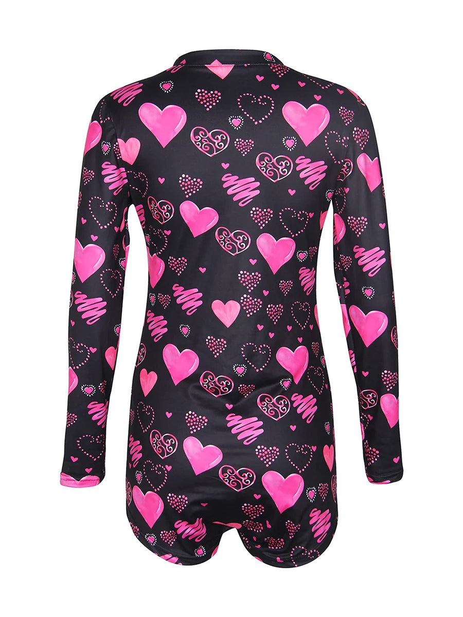 Women’s Long Sleeve Valentine Day Jumpsuit Bodycon V Neck Lip Print Button Down Short Romper Indoor Sleepwear