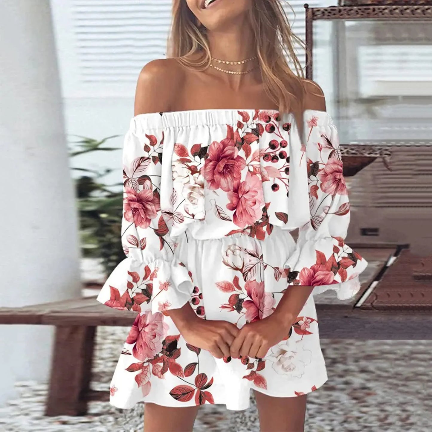 Summer Sexy Off Shoulder Party Dress Women Sexy Print Tunic Sundresses Casual Loose Fit Bell Sleeve Mini Dress