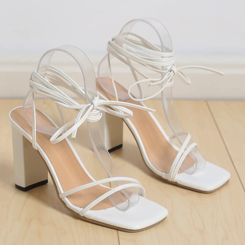 Ankle Strap Sandals Leather Cross-Tied High Heels Shoes Sexy Lace Up Party Pumps