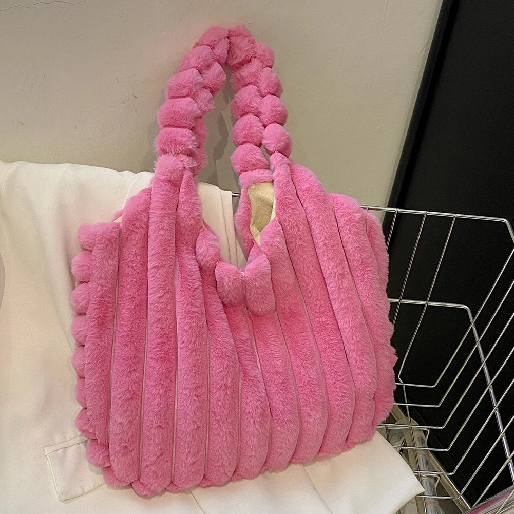Plush Tote Handbag Large Capacity Soft Satchel Bag Versatile