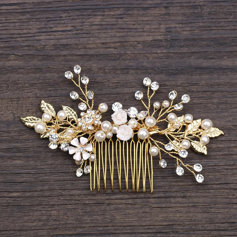Pearl Flower Hairpin Side Comb Golden Leaf Shaped Alloy  Insert Jewelry Comb Hair Jewelry Bride Headwear