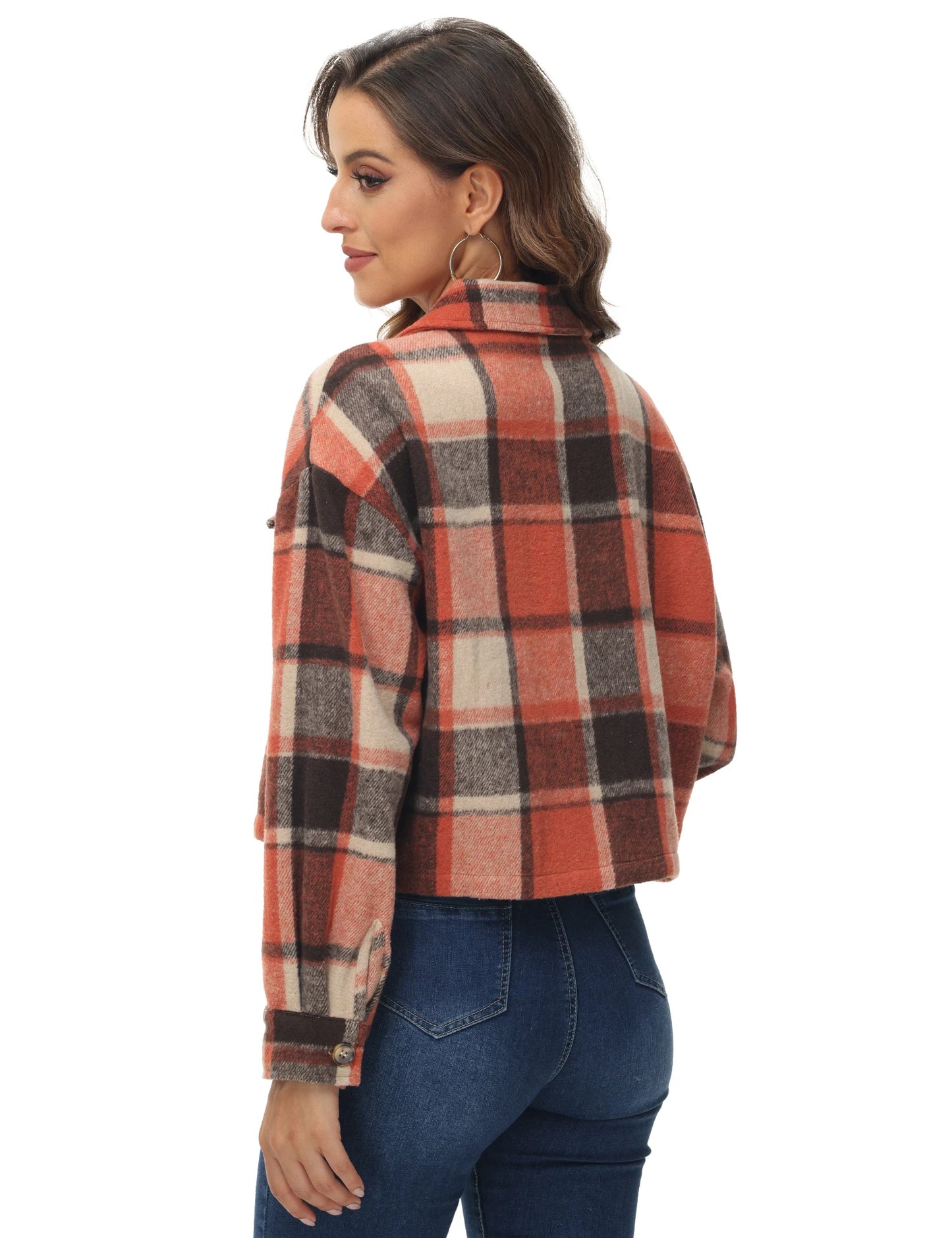 Oversized Plaid Shacket - Cozy Long Sleeve Button Down Jacket with Pockets Cropped