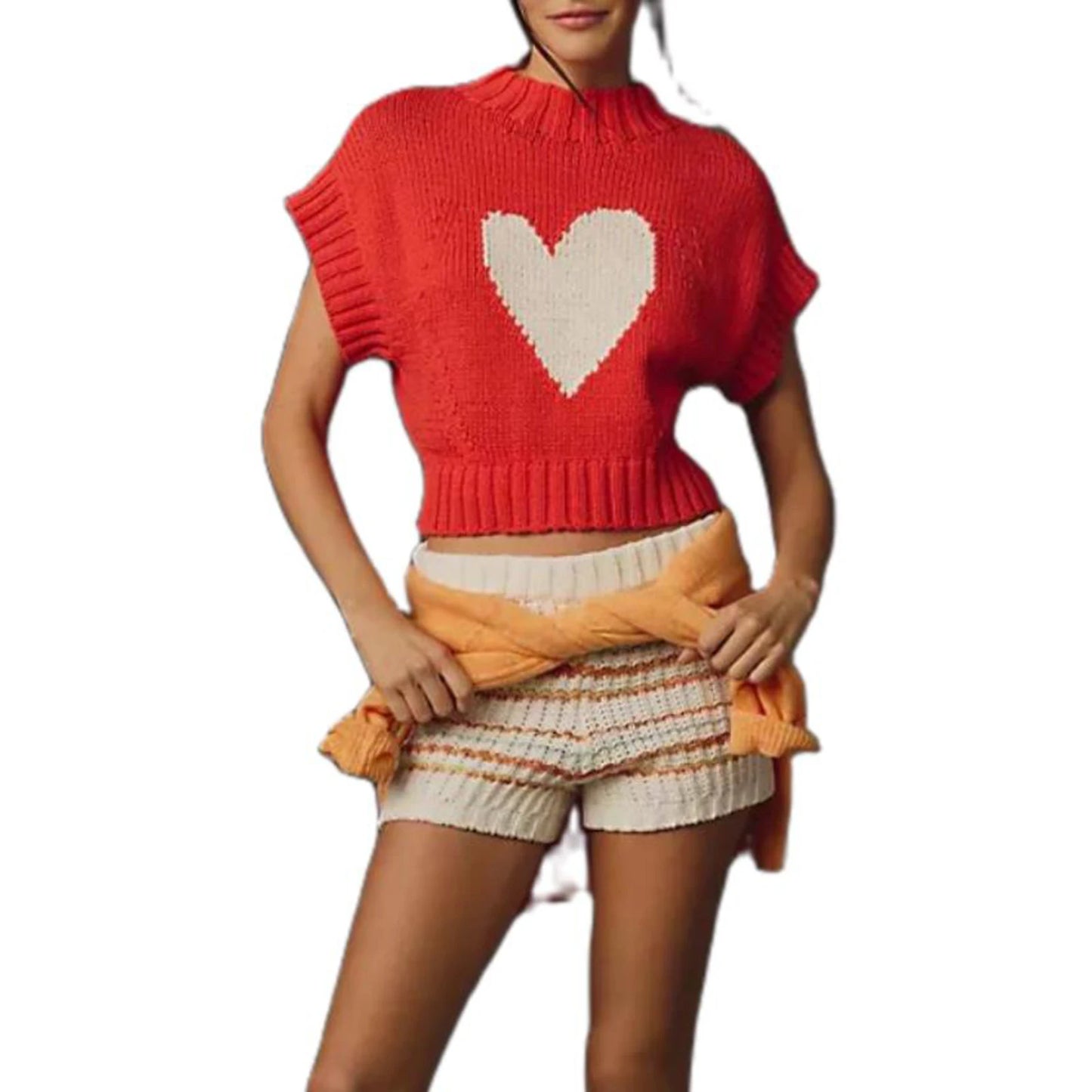 Women s Sleeveless Sweater Vest Heart Patterned O-Neck Knit Top Chic Street Style for Work or Weekend Outings