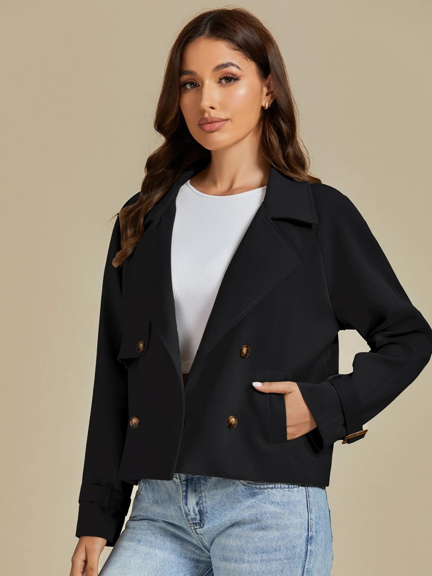 Cropped Trench Coat for Women Long Sleeve Double Breasted Notched Lapel Casual Loose Fit Jackets with Pockets