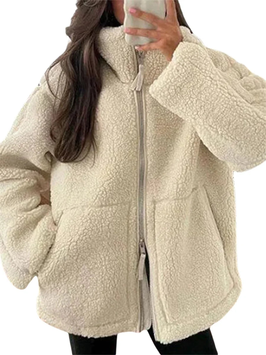 Warm Fleece Coat Casual Thick Stand Collar Long Sleeve Zip Up Wool Jacket