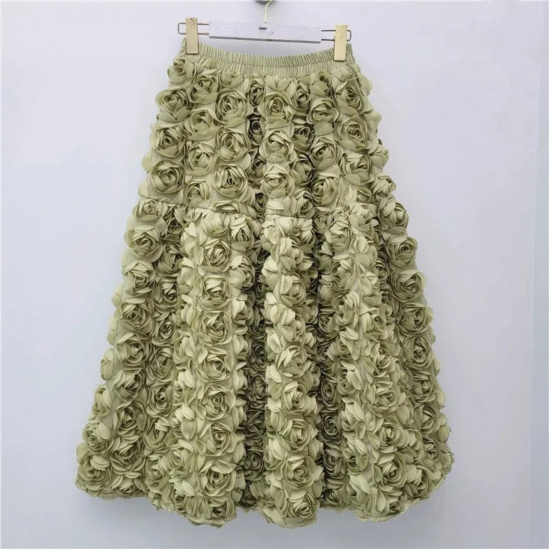 A-line 3d Rose Flowers Design Pleated  Long Skirt