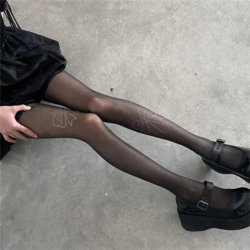 Rhinestone Embellished High Waist Sheer Mesh Tights with Soft Silk Stockings for a Glamorous Look