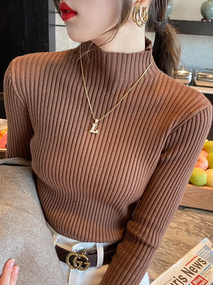 Elegant Solid Basic Knitted Tops Women Mock Turtleneck Sweater Long Sleeve Casual  Pullover Simple Chic Clothes