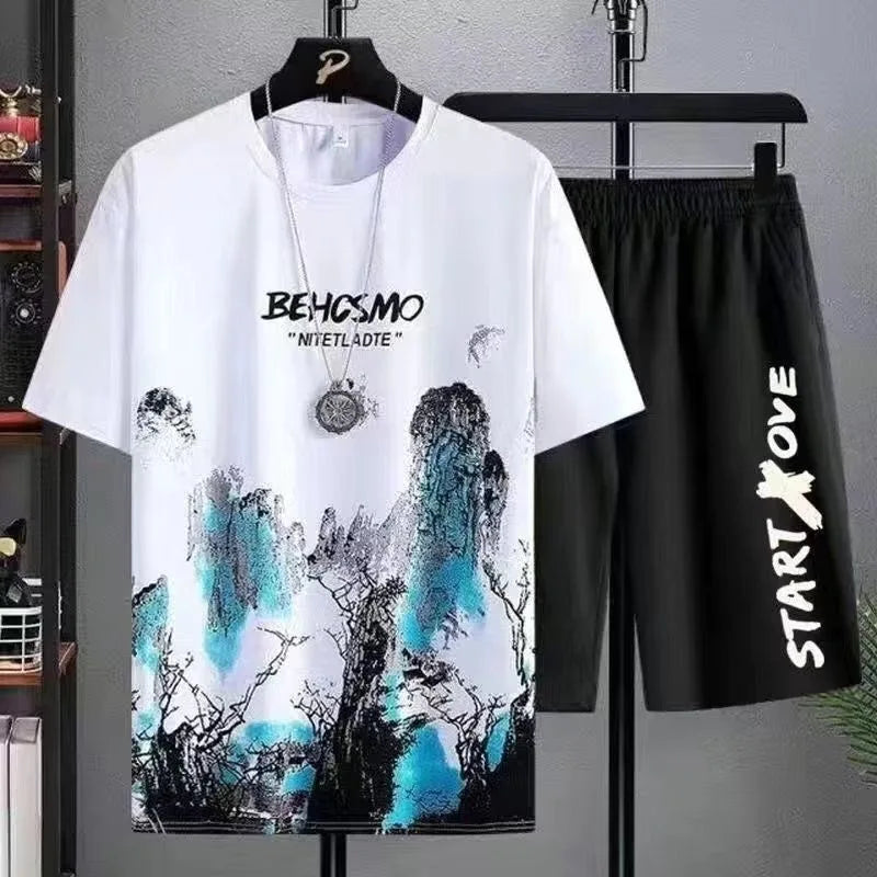 Summer leisure Men set Manga Graffiti Tees T-shirt + shorts 2-piece Comfortable and breathable for men Top Print T-shirts sets