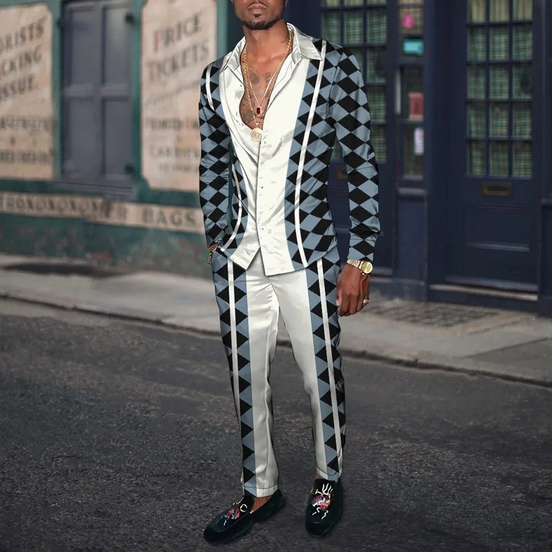 Retro Men's Shirt Suits 3D Luxury Print Fashion Men Casual Breathable Men's Lapel Long Sleeve Shirt Long Pants2 Pcs Set