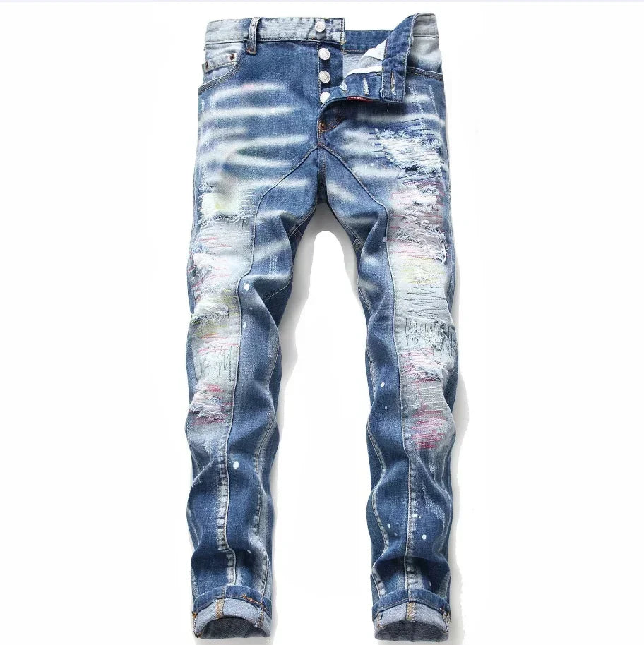 Skinny Jeans Luxury Brand Light Blue Holes Long Trousers Quality  Fashion Stretch Slim Pants Ripped Jeans