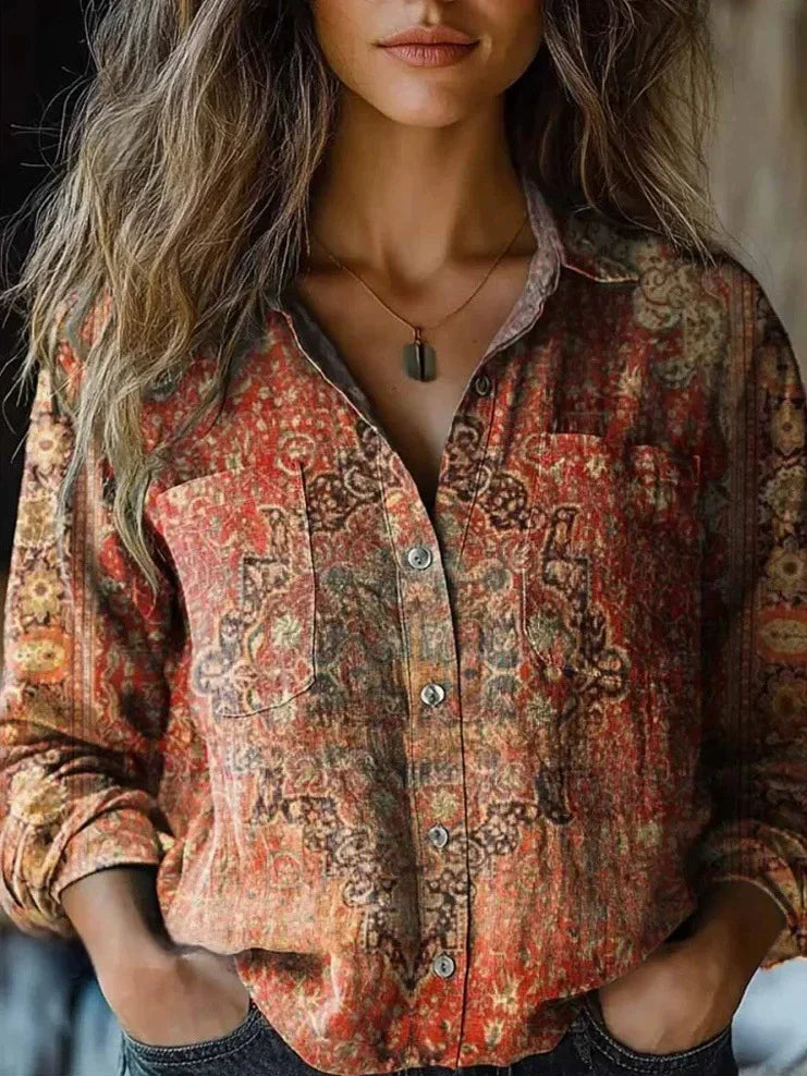 European Style  Women Long Sleeve Basic Shirts New Casual Beach Tops Blouse Ladies Bohemian Flower Print shirt