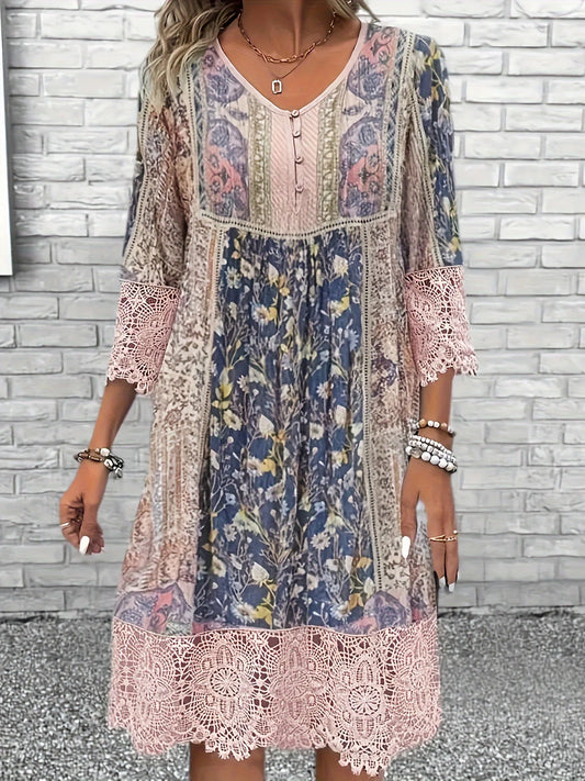 Plus Size Fashion Elegant Women Dress Loose Casual Dress Women Dress 3/4 Sleeves Lace Hem Lace Cuffs