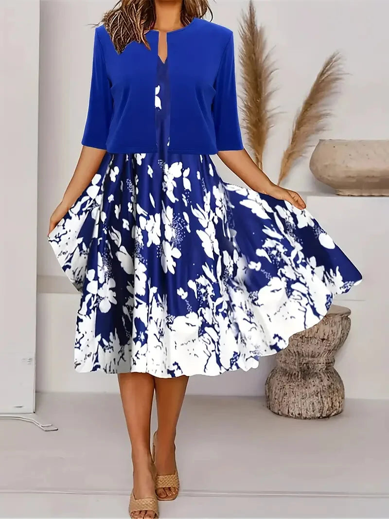 Europe and United States  women's dress two-piece floral and geometric print dress leisure holiday women's wear
