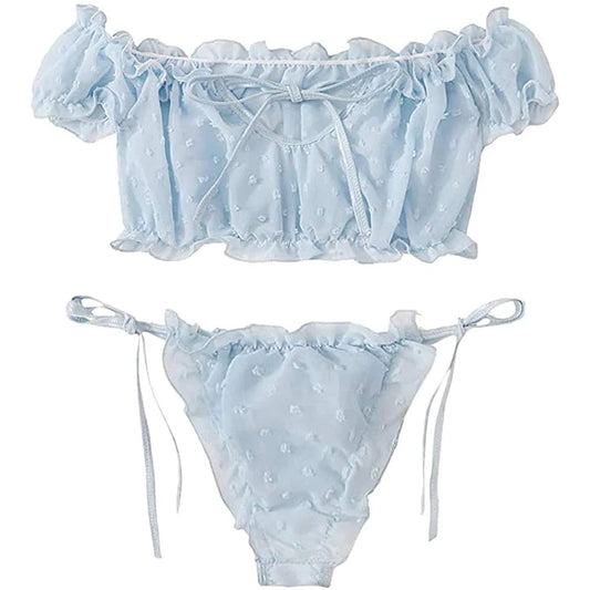 Lace Bra and Panty Set Seductive Two Piece Lingerie with Bow Detail and Sheer Mesh Fabric