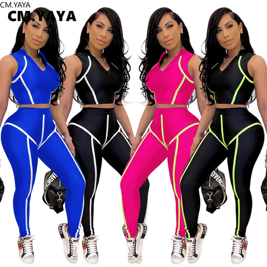 Women Sets Summer Tracksuits Slim Sleeveless Skinny Crop Tops + Pants Suit Two Piece Set