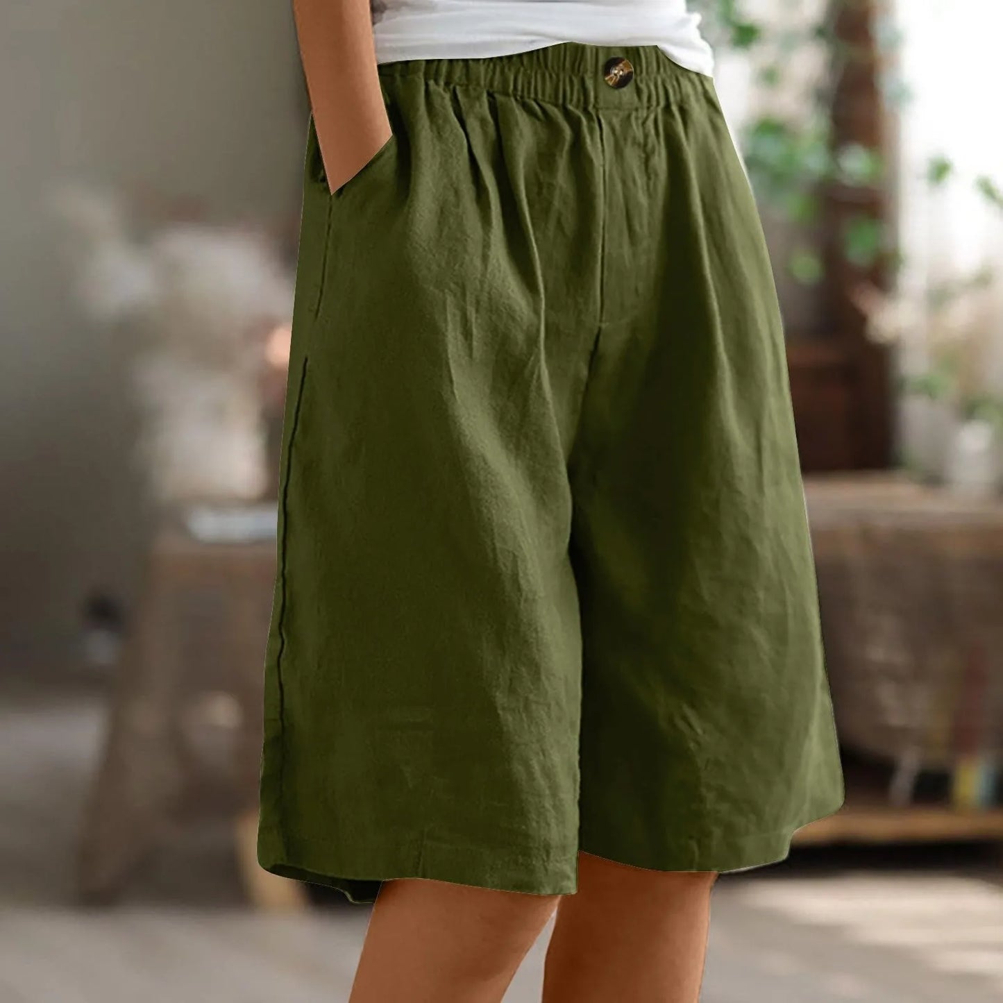 Women's Fashion Solid Color Shorts Pocket Button Up Capris Loose Elastic Waist Cotton Linen Shorts