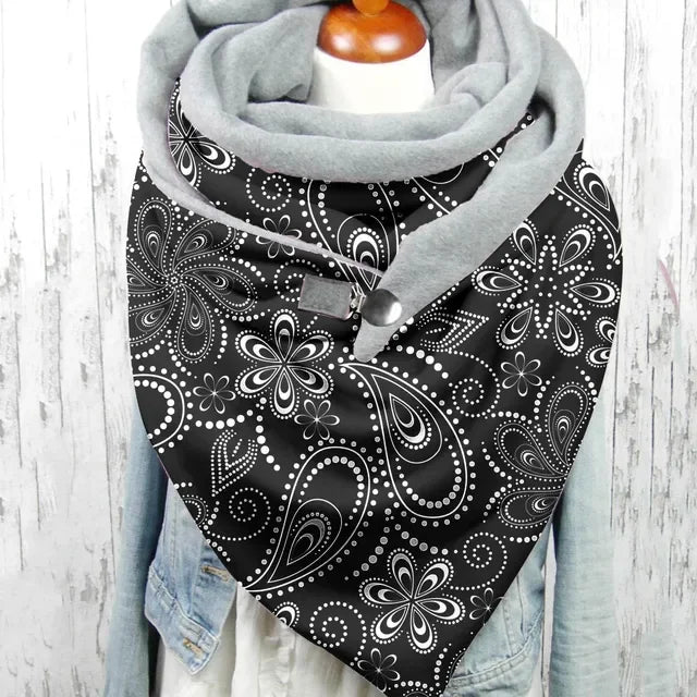 Winter Women's Floral Print Thick Warm Scarf – Windproof Double-Layer Buttoned Wrap