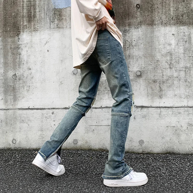 American Vibe style high street tide side zipper straight jeans men's and women's European and American hip hop slim-fitting trousers