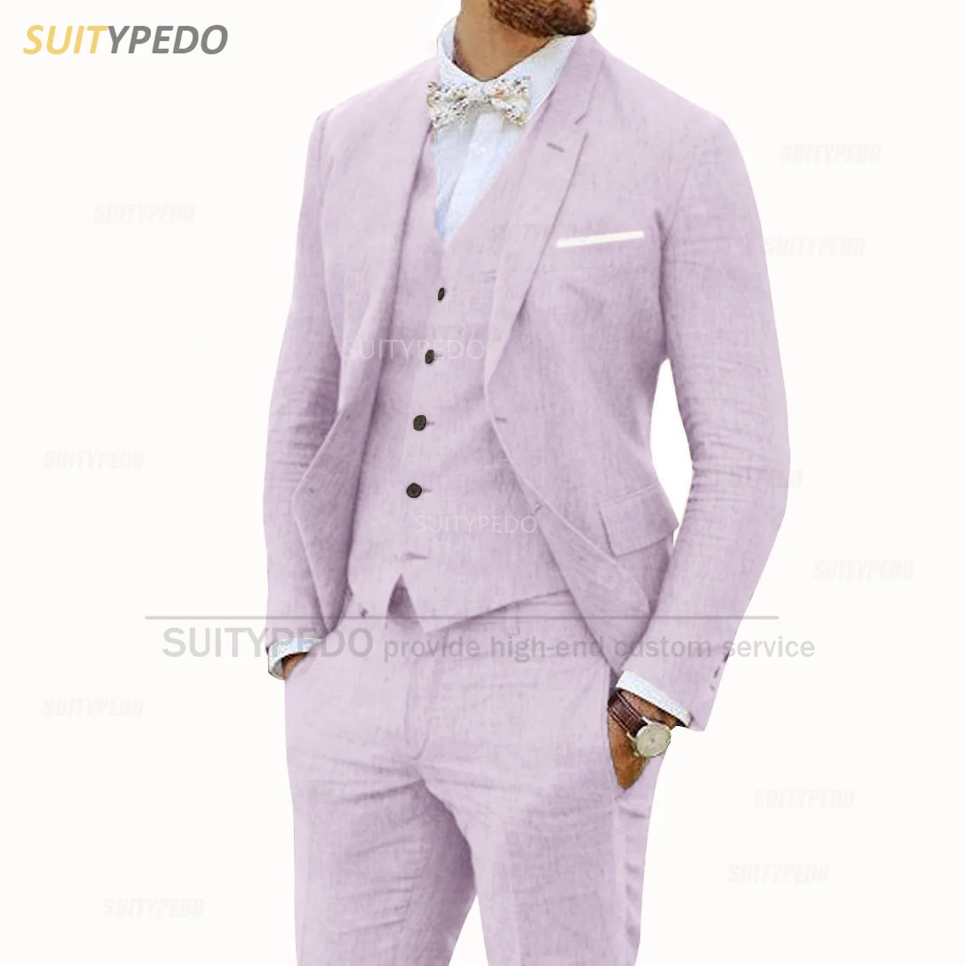 Linen Suits for Men 3 Pieces Casual Slim Fit Suit Blazer Vest Pants Set Formal Prom Wedding Tuxedos for Groomsmen Best Man
