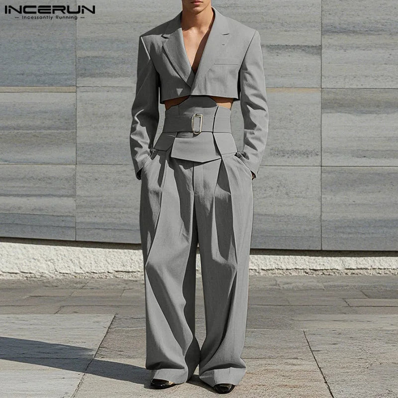 Fashion Casual Style Sets  Men's Cropped Waistband Design Suit Wide Leg Long Pant Handsome Male Solid Suit 2 Pieces