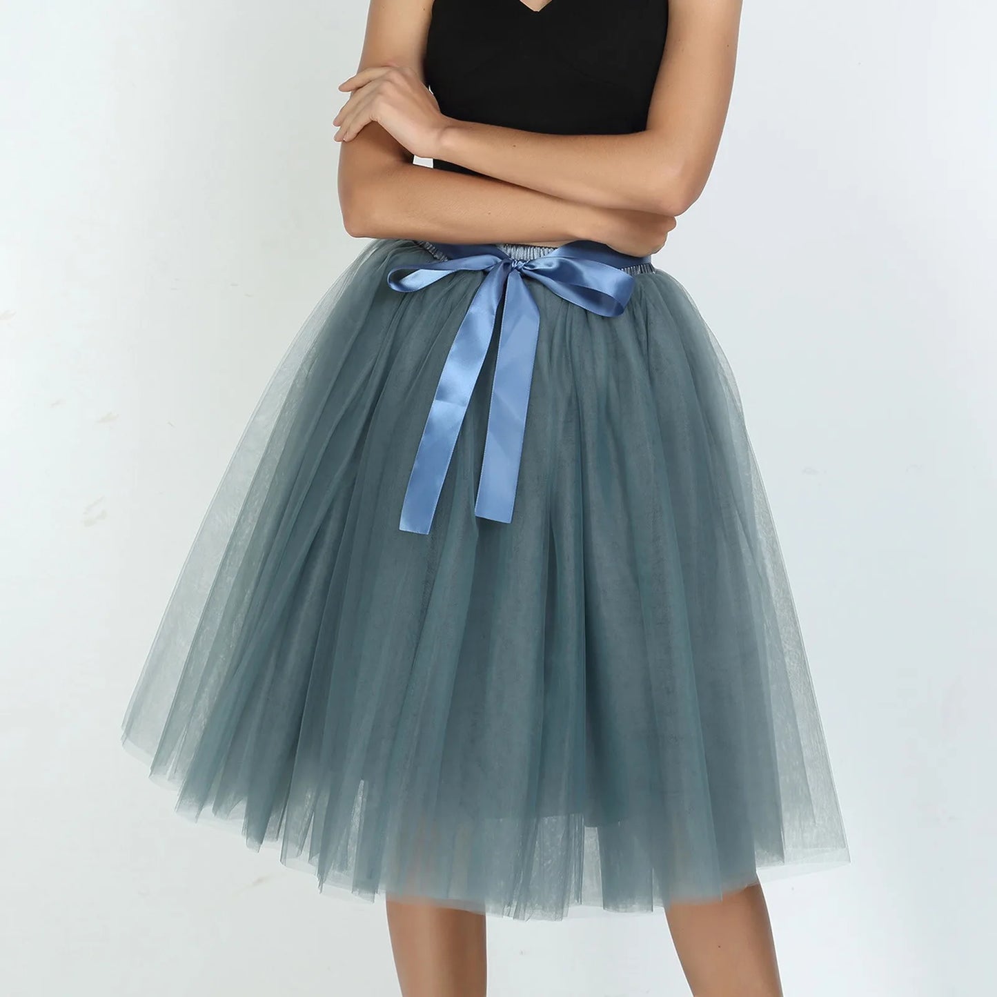 Knee Length Women A-Line Tulle Skirts Lace Up Multi Layered Tulle Petticoat Midi Skirt
