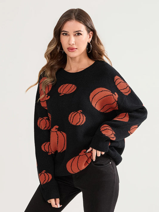 Women Halloween Knit Sweater Long Sleeve Round Neck Pullovers Fall Winter Casual with Spooky Vibes