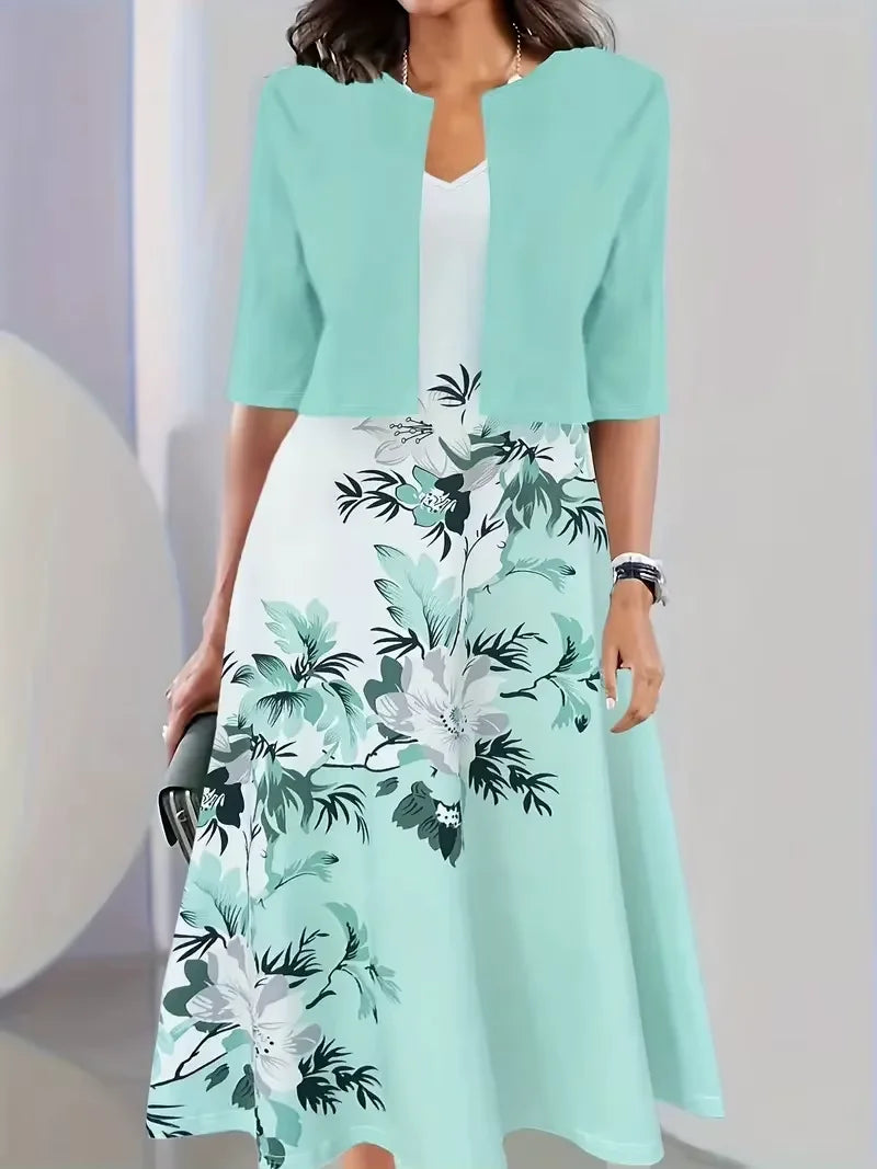 Europe and United States  women's dress two-piece floral and geometric print dress leisure holiday women's wear