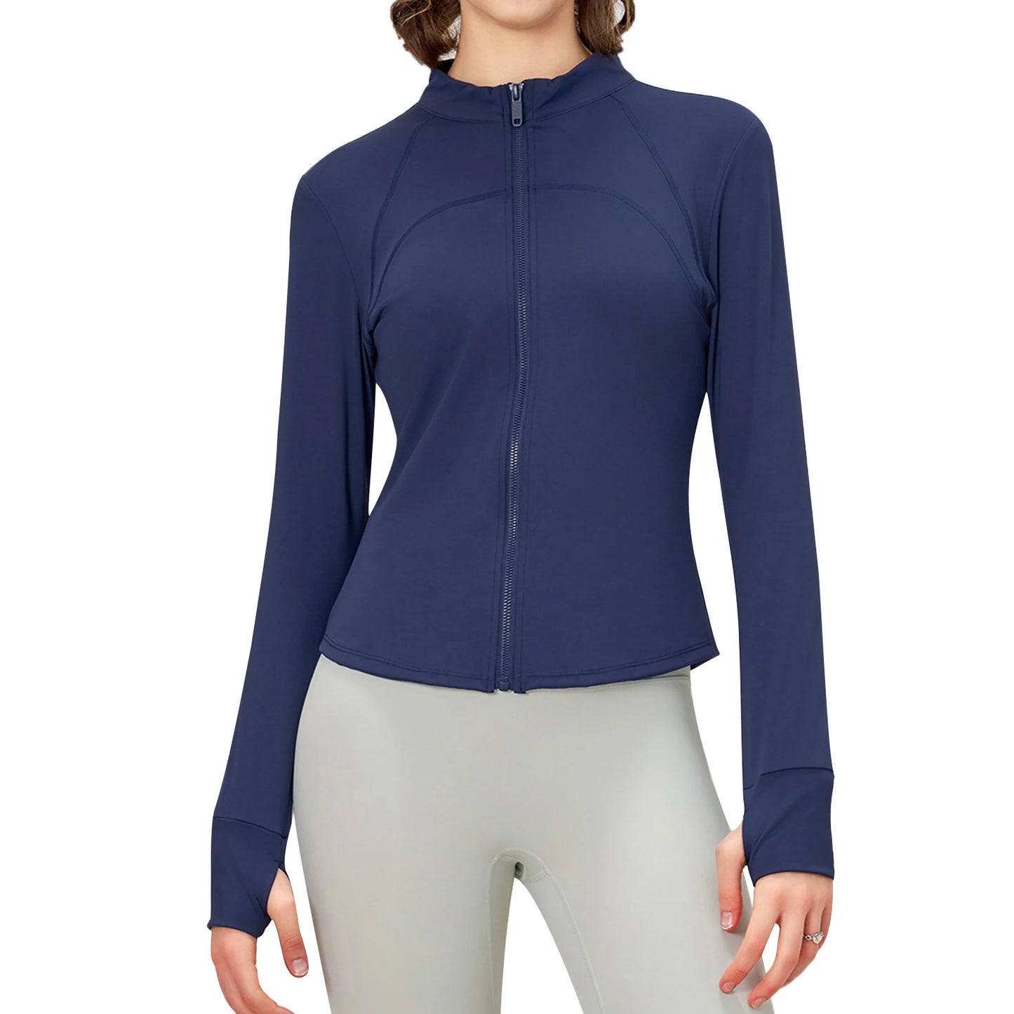 Full Zip Yoga Jacket with Solid Color Long Sleeves Stand Collar  Fit and Thumb Holes for Active Wear