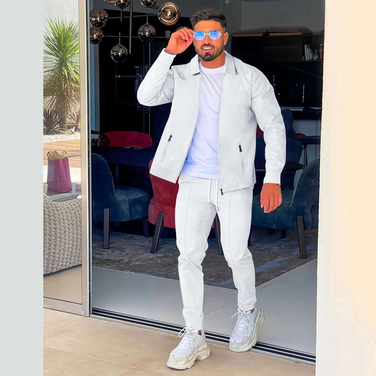 AliExpress Amazon cross-border Spring and Fall zipper pocket lapel trend jacket pants men's sports street suit