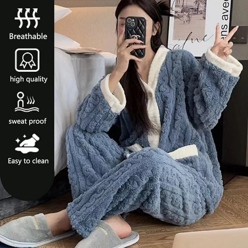 2pcs/Set Autumn And Winter Pajamas Women Thickened Padded Warm Velvet Suit Cardigan Trousers