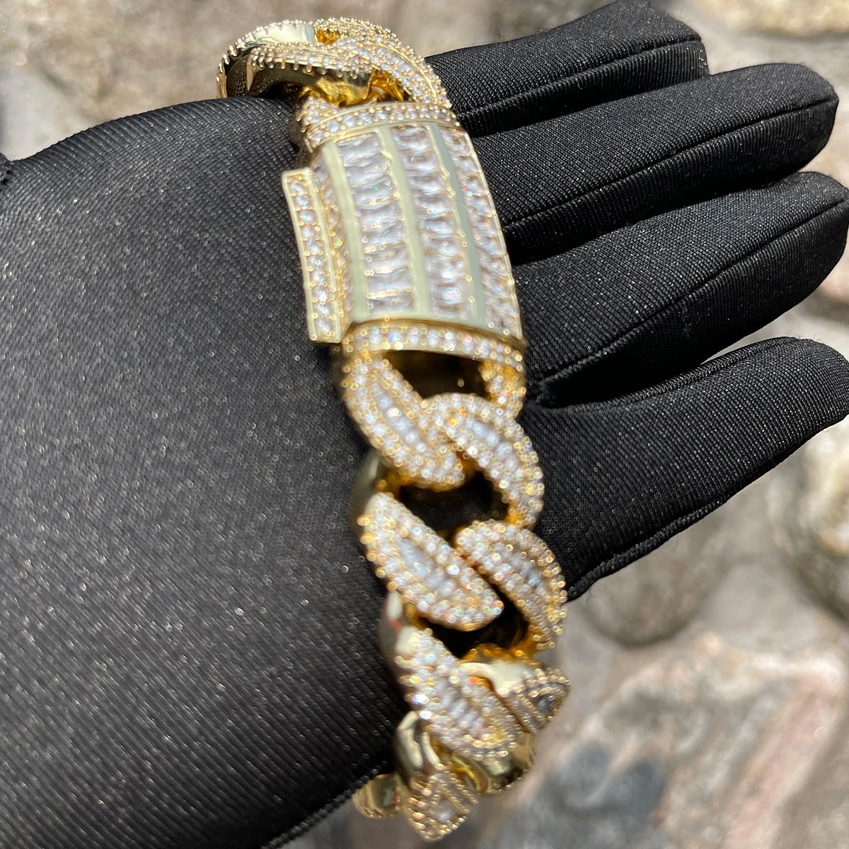 Bubble Letter Baguette Cuban Link Bracelet for Men Iced Out Prong Setting Necklace Choker