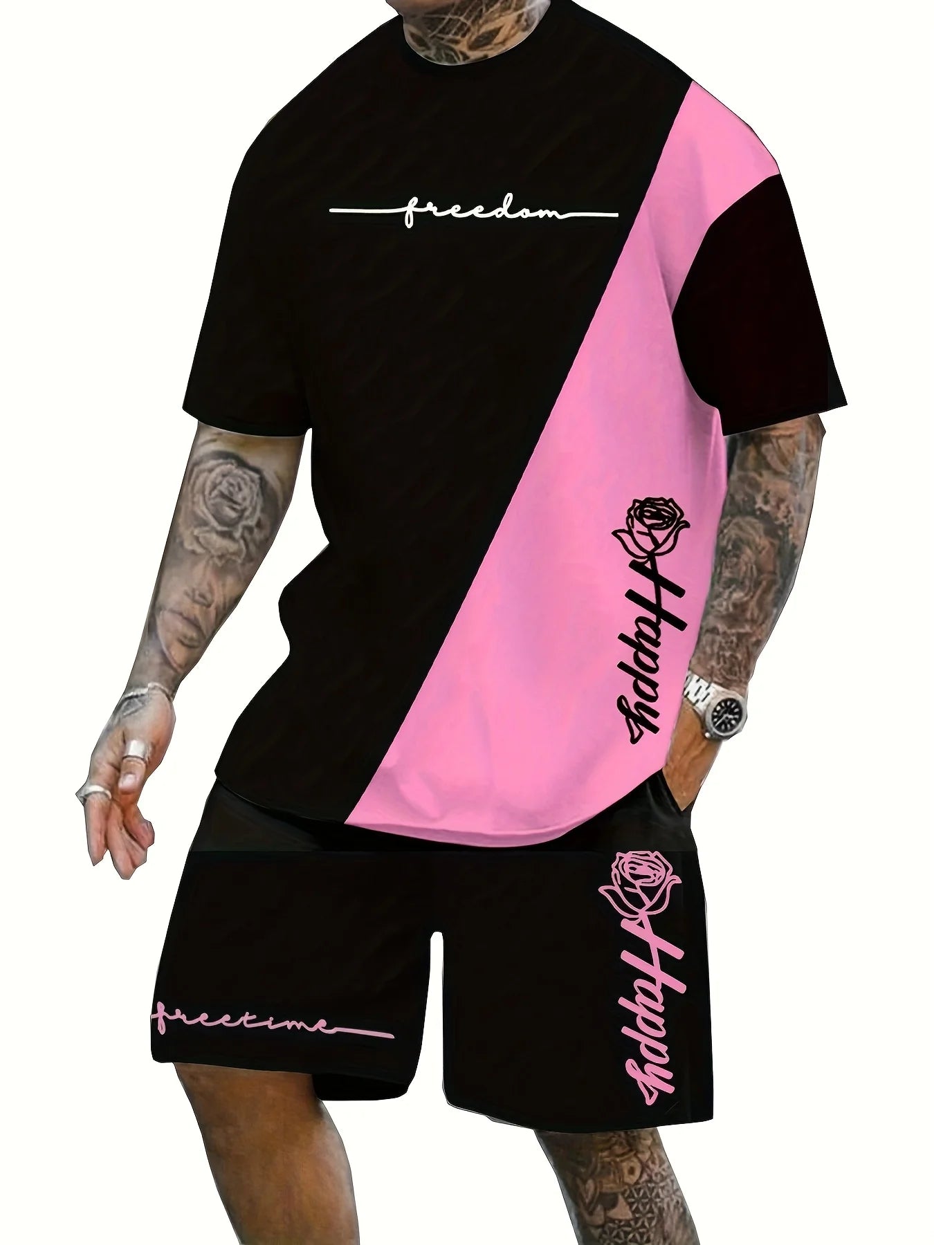 Men's T-Shirt Basic Print T-Shirt Casual Summer Short Sleeve Shirt Top and Drawstring Shorts Set