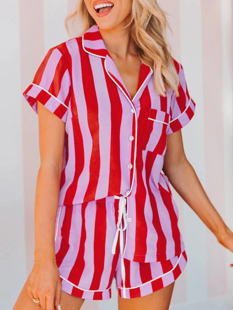 Women s 2 Piece Pajamas Set  Print Short Sleeve Button Up Shirt Shorts Set Lounge Clothes