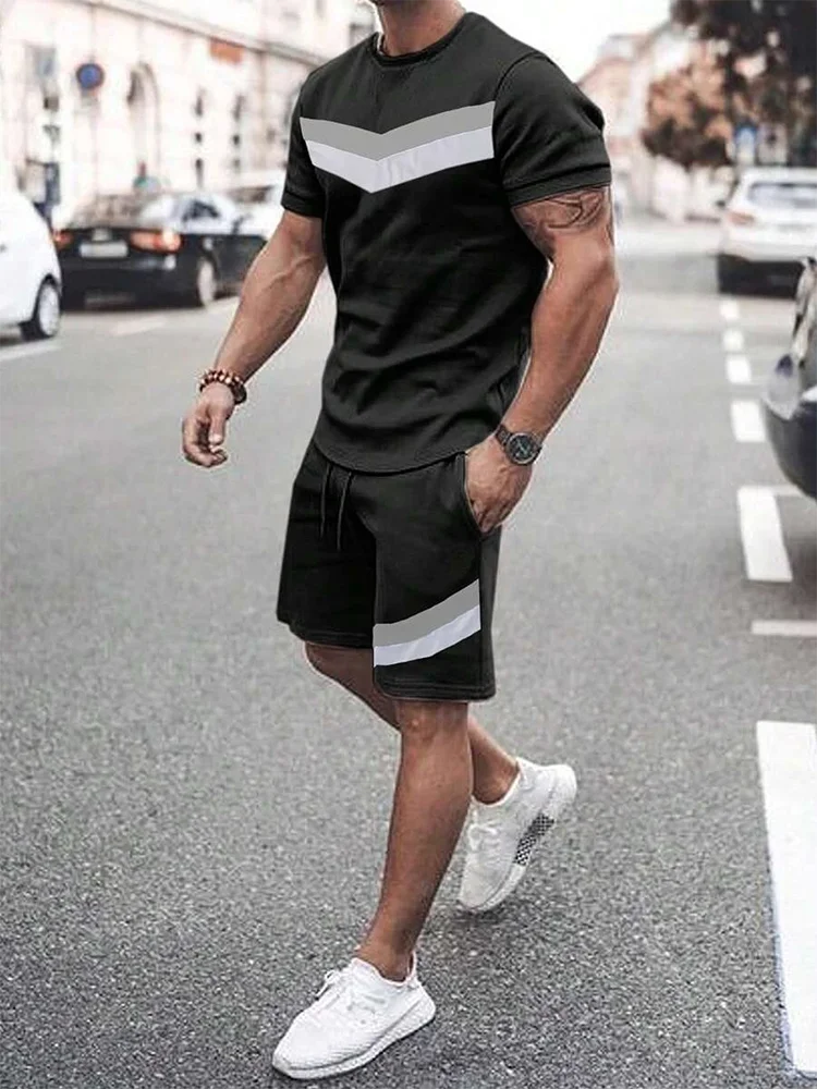 Two Piece Suit Men's Casual Pattern Printed Short Sleeve T-shirt and Sports Shorts Set Sports Set Fitness