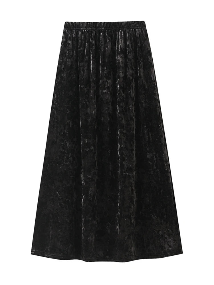 Elegant Velvet Party Women's Skirt Elastic High Waist A-line  Loose Long